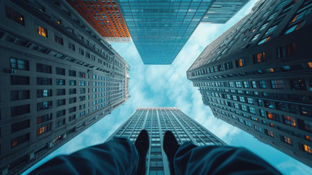 Extreme Angle Shot Looking Down from a Skyscraper, capturing a roofer's leg, creating a sense of scale under the open skyの素材