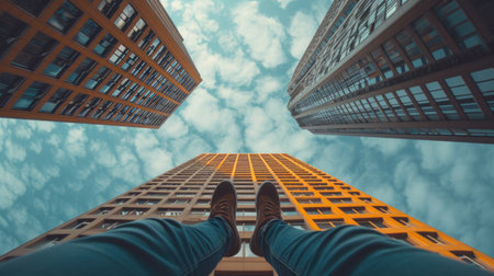 Extreme Angle Shot Looking Down from a Skyscraper, capturing a roofer's leg, creating a sense of scale under the open skyの素材