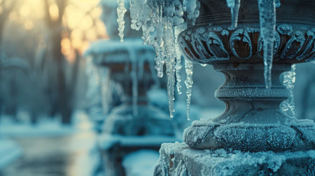 Frosty Landmark, Close-Up of a City Monument Frosted Over, with Icicles Hanging, Dawn's Early Light, Symbolizing the City's Resilience Against Extreme Winter.の素材