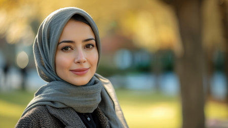 Portrait of a Hijab-Wearing Woman, modern and empowered, against a backdrop of a city park in gentle daylight.の素材
