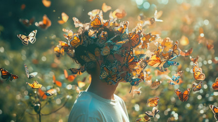 Photo of a Person with a Head Full of Colorful Butterflies, in a dreamy, sunny garden setting.の素材