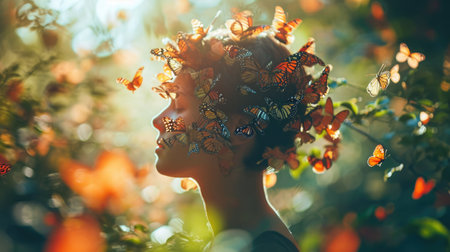Photo of a Person with a Head Full of Colorful Butterflies, in a dreamy, sunny garden setting.の素材