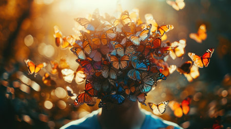 Photo of a Person with a Head Full of Colorful Butterflies, in a dreamy, sunny garden setting.の素材