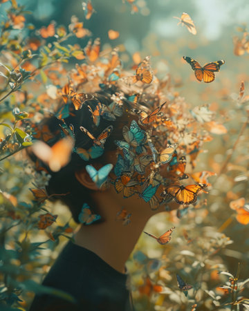 Photo of a Person with a Head Full of Colorful Butterflies, in a dreamy, sunny garden setting.の素材