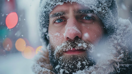 Close-Up, Man's Face Buffeted by Blowing Snow, Icicles Forming on Beard, Extreme cold in the city.の素材
