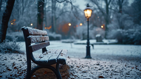 Close-Up of a Public Bench and Lamp Post Encrusted with Frost, Abandoned Park in the Background, Emphasizing the Cold's Impact on Public Spaces.の素材