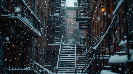 Snowbound Alleys, Close-Up of Fire Escape Stairs Laden with Snow, Old Brick Buildings in Soft Focus, Highlighting the Overlooked Corners of the City in Winterの素材