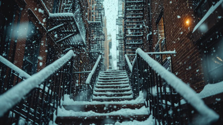 Snowbound Alleys, Close-Up of Fire Escape Stairs Laden with Snow, Old Brick Buildings in Soft Focus, Highlighting the Overlooked Corners of the City in Winterの素材