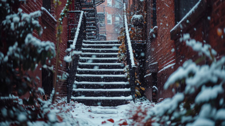 Snowbound Alleys, Close-Up of Fire Escape Stairs Laden with Snow, Old Brick Buildings in Soft Focus, Highlighting the Overlooked Corners of the City in Winterの素材