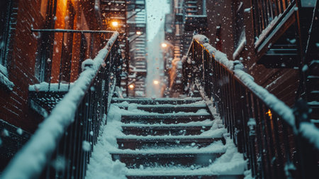 Snowbound Alleys, Close-Up of Fire Escape Stairs Laden with Snow, Old Brick Buildings in Soft Focus, Highlighting the Overlooked Corners of the City in Winterの素材