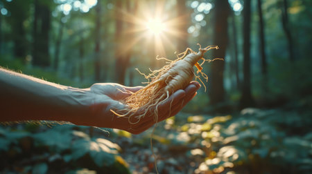 Hand Holding Fresh Ginseng Root Against a Serene Forest Background, Symbol of Vitality, Nature adaptogen.の素材