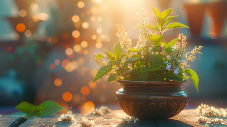 Sacred Plant, Tulsi Plant in a Traditional Ritual Setting, Cultural and Spiritual Context, Soft, Ethereal Backlighting.の素材