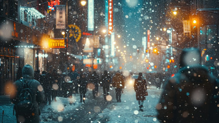 Winter Commute, People Walking Through a Snowy City Street, Blurred by Falling Snow, Wide Shot, City Lights Glowing Dimly, Urban Life in Extreme Coldの素材