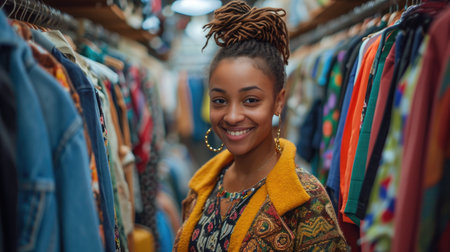 Young beautiful women shopping in second hand store chooses vintage clothes.の素材