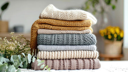 Stack of organic cotton clothes on a white surface, promoting sustainable fashion and textile choices.の素材