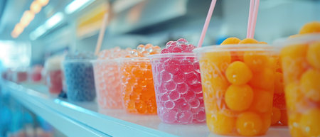Boba tea with cassava starch balls in a snack bar, bright lighting and colorful palette.の素材