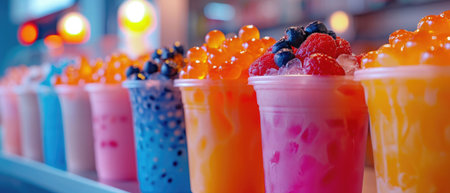 Boba tea with cassava starch balls in a snack bar, bright lighting and colorful palette.の素材