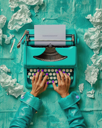 A vintage typewriter on a vibrant teal desk. Surrounding the typewriter are crumpled pieces of white paper. Creative writing crisis conceptの素材