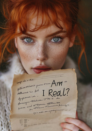 Close-up of a redhead fashion AI woman with a natural face and hair holding a sheet of paper in front of her face, on the paper is written in handwriting the text Am I Real .の素材