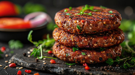 Close-Up of a Vegetarian Patty with Buckwheat as an Ingredient, Highlighting its Protein Valueの素材