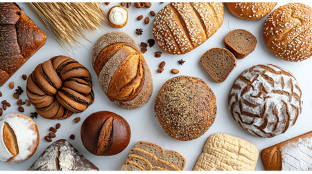 Gluten-free bread and pastries assortment on a white surface, catering to healthy lifestyle choices.の素材