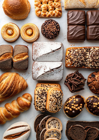 Gluten-free bread and pastries assortment on a white surface, catering to healthy lifestyle choices.の素材