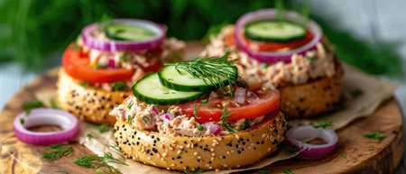 bagel open-faced sandwich, generously topped with tuna salad, slices of ripe tomato, crisp cucumber, and purple onion rings, garnished with fresh dill, portraying a fresh, gourmet brunch option.の素材