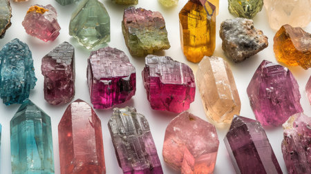 Colorful Tourmaline crystal array, each stone revealing its unique multi-hued beauty, on a crisp white background.の素材