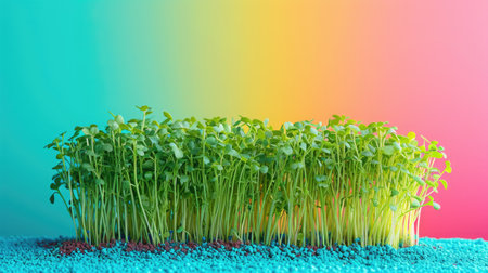 Assorted Lush microgreens with bright stems and leaves on a colored surfaceの素材