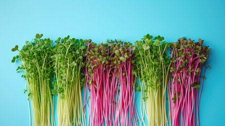 Assorted Lush microgreens with bright stems and leaves on a colored surfaceの素材