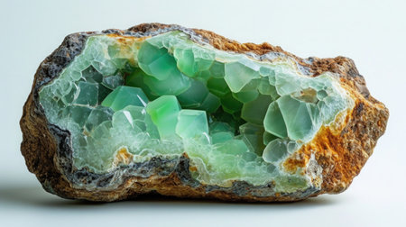 Vibrant Chrysoprase stone revealing its bright green essence, set on a white canvas.の素材