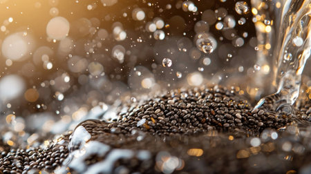 Chia seeds are pre-soaked in water before use. macro photo.の素材