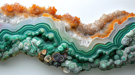 Artistic arrangement of patterned Agate, banded Malachite, and vibrant Chrysoprase, creating a visual feast against a white backdrop.の素材