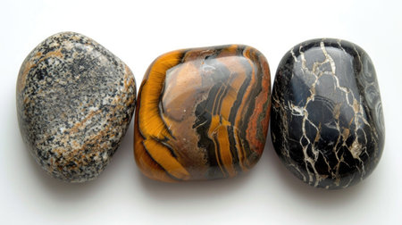 Three identical-sized stones, Tiger's Eye, Jasper, and Obsidian, aligned side by side, revealing their unique patterns and earthy tones, on a white background.の素材