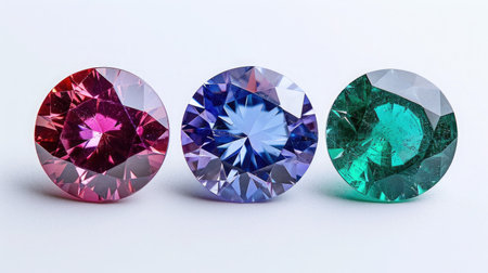 Three identical-sized precious stones, Sapphire, Emerald, and Ruby, neatly placed in a row, showing their rich and deep hues against a white backdrop.の素材