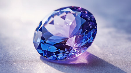 Tanzanite flaunting its exquisite indigo and violet sparkles, on a pristine white surface.の素材