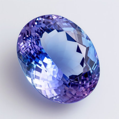 Tanzanite flaunting its exquisite indigo and violet sparkles, on a pristine white surface.の素材