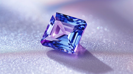 Tanzanite flaunting its exquisite indigo and violet sparkles, on a pristine white surface.の素材