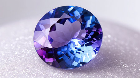 Tanzanite flaunting its exquisite indigo and violet sparkles, on a pristine white surface.の素材