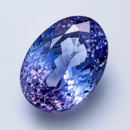 Tanzanite flaunting its exquisite indigo and violet sparkles, on a pristine white surface.の素材
