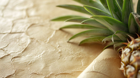 The concept of vegan eco-leather made from Pineapple. Grainy texture and light, tropical hue, with a crown of pineapple leaves at the top, symbolizing the material's renewable, fruit-based source, merging style with sustainabilityの素材