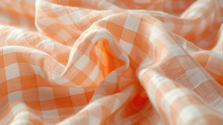 A detailed view of a gingham fabric in a delicate Peach Fuzz hue, showing its classic, small checkered pattern and crisp texture, perfect for charming spring apparel and quaint home decor.の素材