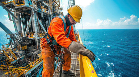 oil rig worker in protective gear, performing a routine safety check on the drilling equipment, with the vast sea and a clear blue sky in the background.の素材