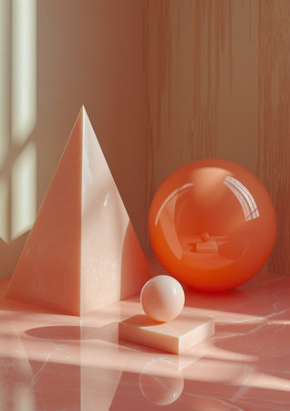 A monochromatic still life focusing on the rich coral hue. Assortment of geometrically shaped objects, such as a sphere, a pyramid, and a cubeの素材