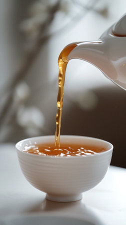porcelain teapot pours a thin, unbroken stream of amber-colored tea into a cup below. The smooth curves of the teapot and cup create a harmonious and soothing monochrome visual.の素材