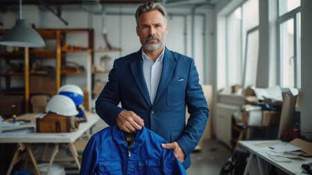 Downshifting office workers into blue-collar workers. A middle-aged man in a classic blue suit holds a blue work jacket and helmet in his hands and is preparing to change clothesの素材