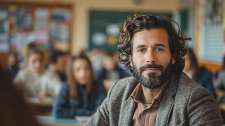 In the modern classroom, Jesus embodies the role of teacher. He is dressed in smart casual clothes. Historical character in a modern contextの素材