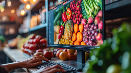 A close-up of a computer screen displaying a vibrant and enticing local farm online store.の素材