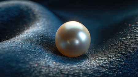 A single pearl with its lustrous sheen and soft iridescence, elegantly placed on a dark velvet surface, radiating luxury and grace.の素材