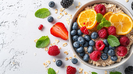 healthy breakfast setup with oatmeal and fruits on a white surface, focus on nutrition and wellness.の素材